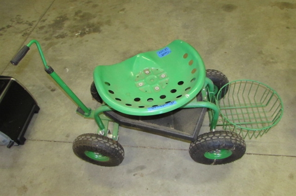 ROLLING SEATED GARDEN CART WITH EXTENDABLE HANDLE