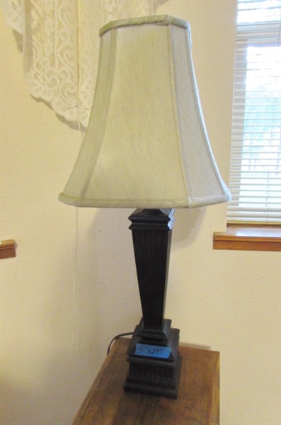 ANTIQUE TABLE & MODERN LAMP