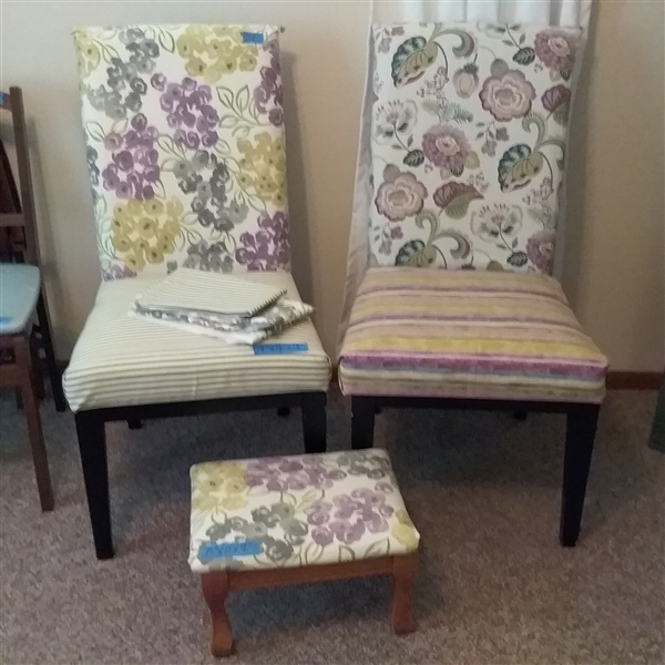PAIR OF CHAIRS & FOOTSTOOL WITH UPSTYLED UPHOLSTERY