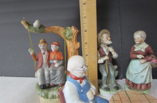 OLD COUPLE FIGURINES AND A MUSICAL FIGURINE
