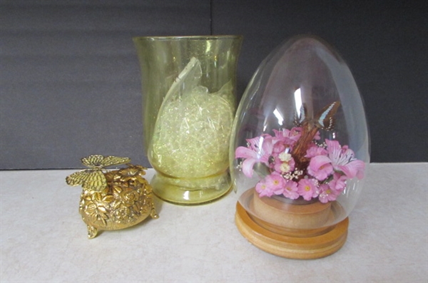 BUTTERFLY DECOR AND YELLOW BUBBLE GLASS VASE