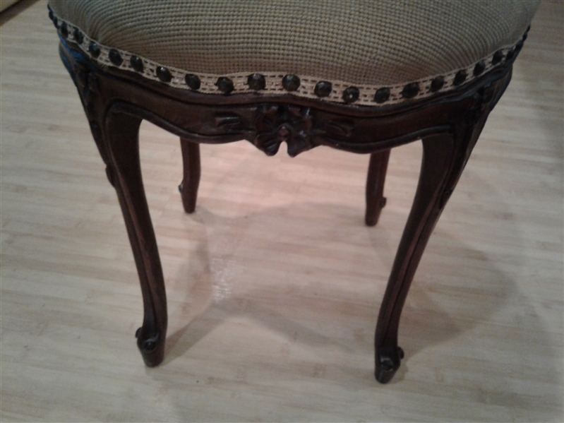 Round Antique Upholstered Stool w/Embroidered Seat