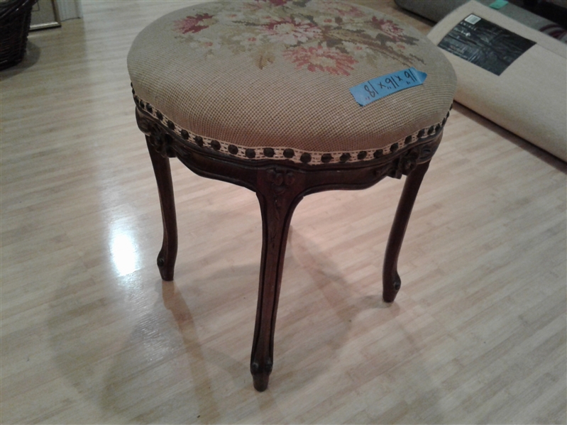 Round Antique Upholstered Stool w/Embroidered Seat