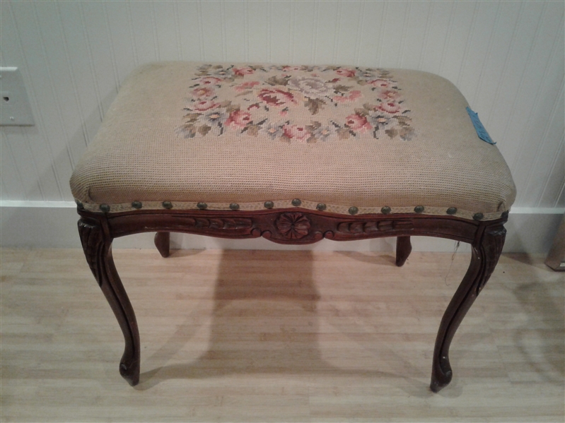 Antique Upholstered Stool w/Embroidered Seat