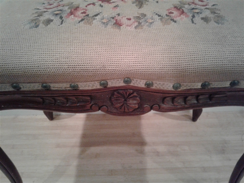 Antique Upholstered Stool w/Embroidered Seat