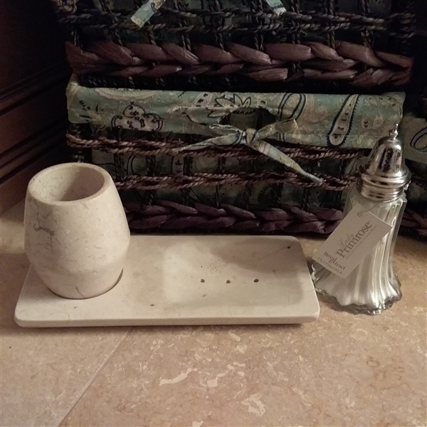 Natural Stone Toothbrush/Soap Caddy, Dusting Silk, Sign, and Wicker Baskets