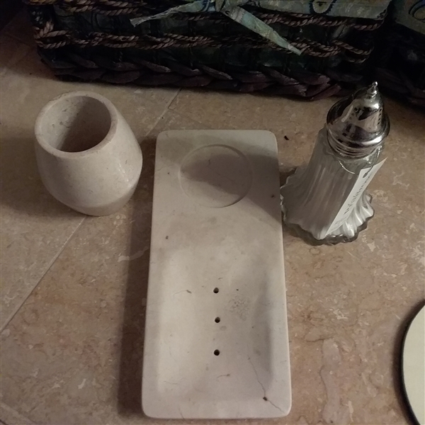 Natural Stone Toothbrush/Soap Caddy, Dusting Silk, Sign, and Wicker Baskets