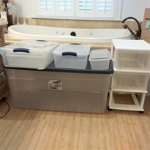 Rolling Storage Cart and Plastic Totes