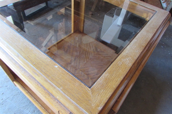 SOLID OAK SIDE TABLE WITH BEVELED SMOKE GLASS INSERT #2 *LOCATED AT THE PAYNE LANE ESTATE, YREKA*