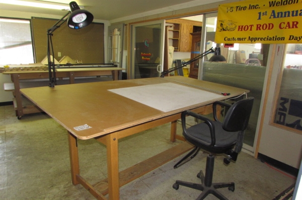 LARGE DRAFTING TABLE & CHAIR & 2 LAMPS
