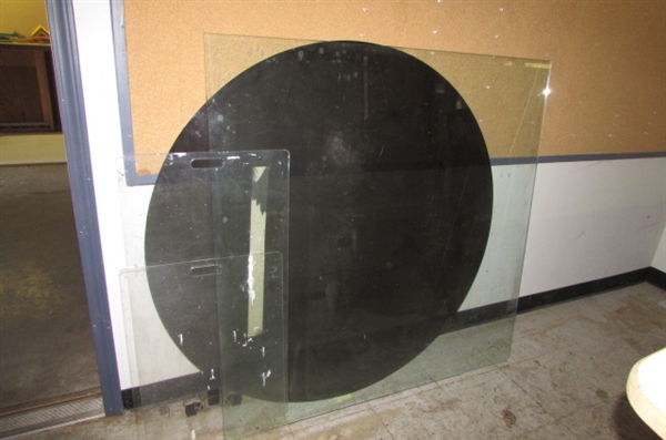 LARGE PIECE OF GLASS, ROUND PLEXI-GLASS & MORE