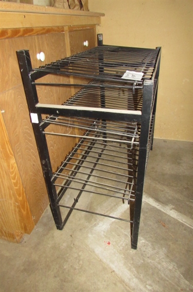 METAL WIRE SHELF & METAL STAND WITH WOOD TOP