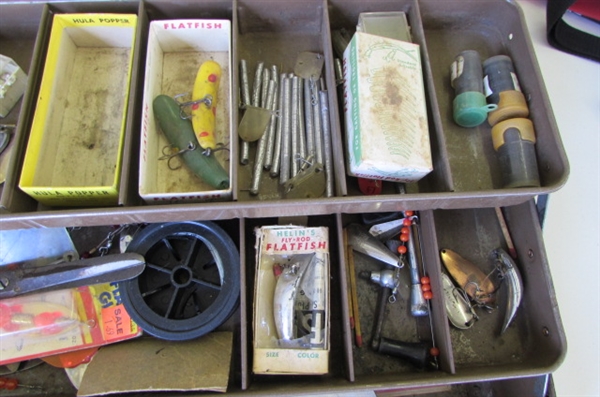 TACKLE BOX WITH ASSORTED FISHING LURES, REELS & MORE