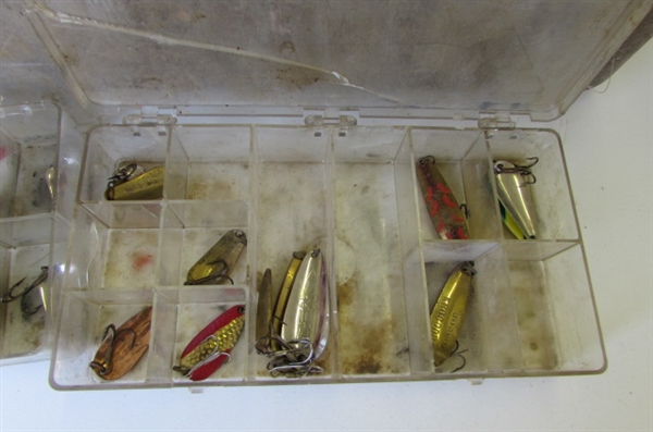 TACKLE BOX WITH ASSORTED FISHING LURES, REELS & MORE