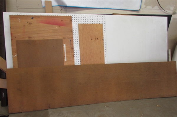 ASSORTED WOOD, PLEXI-GLASS AND A PEG BOARD