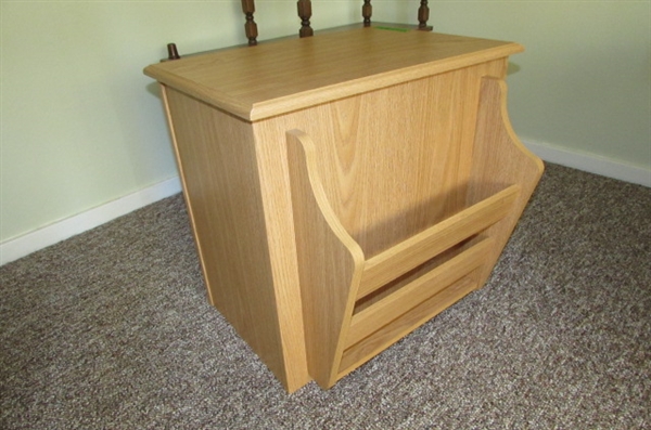 WOOD SIDE TABLE WITH HIDDEN STORAGE, PULL OUT TRAY AND MAGAZINE HOLDER