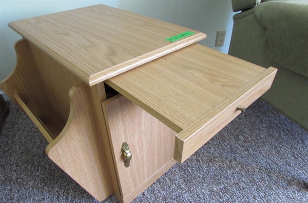 WOOD SIDE TABLE WITH HIDDEN STORAGE, PULL OUT TRAY AND MAGAZINE HOLDER