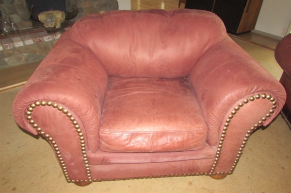 BURGUNDY LEATHER EASY CHAIR WITH OTTOMAN *MATCHES SOFA IN NEXT LOT