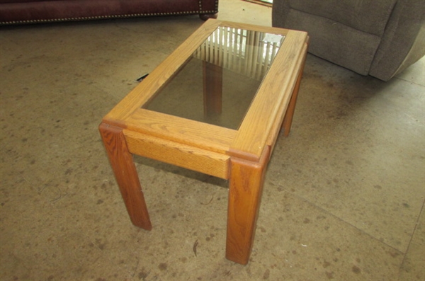 SMALL OAK SIDE TABLE WITH SMOKED GLASS INSERT #2