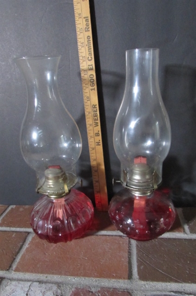 PAIR OF VINTAGE HURRICANE OIL LAMPS w/RED LAMP OIL