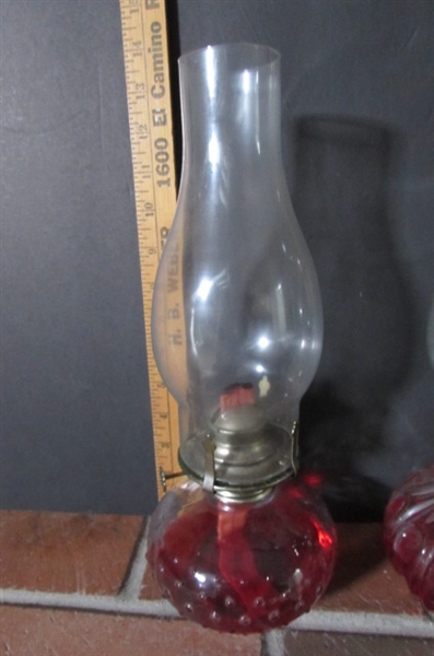 PAIR OF VINTAGE HURRICANE OIL LAMPS w/RED LAMP OIL