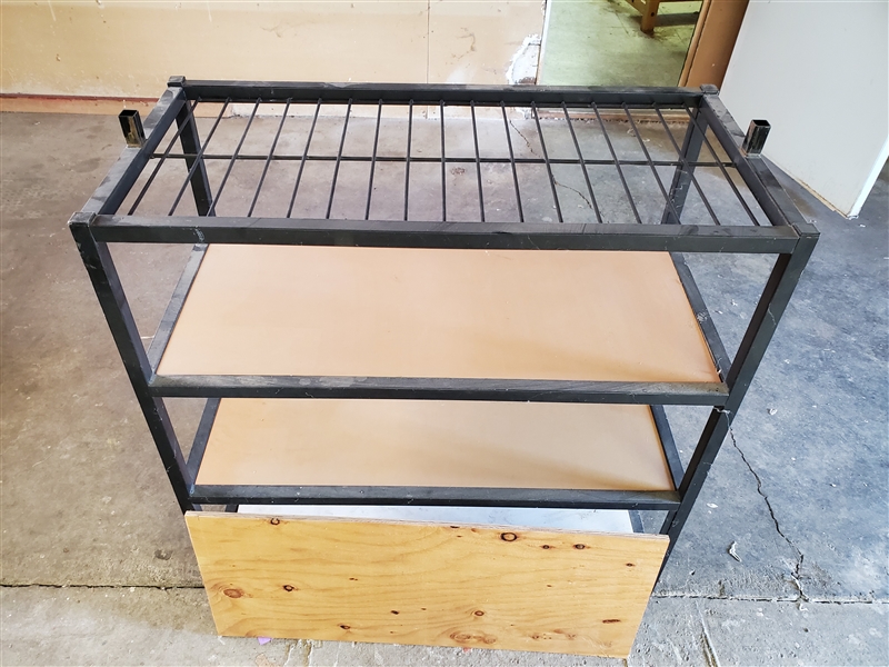 METAL WIRE SHELF WITH WOOD SHELVES