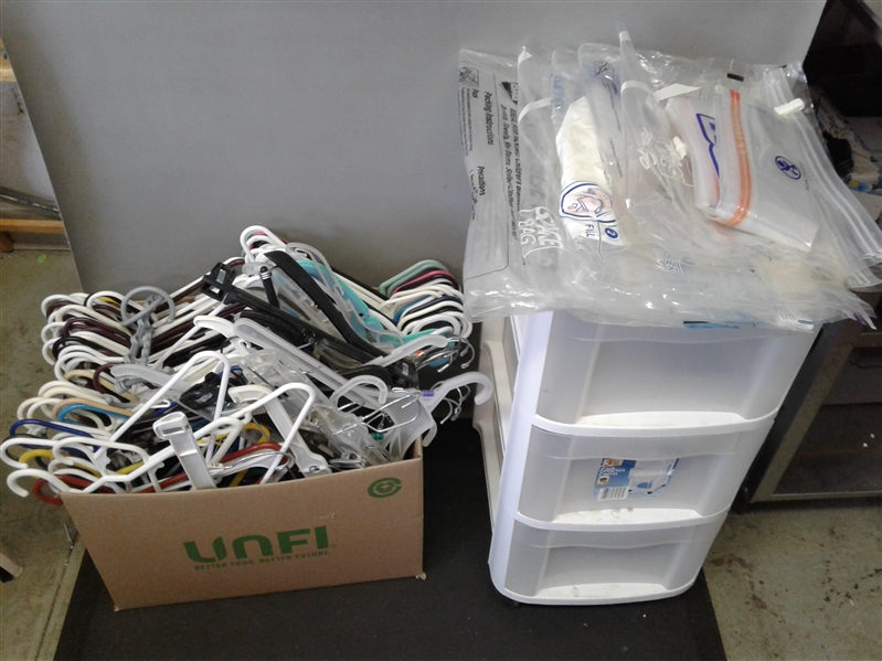 Plastic Rolling Storage Cart, Hangers, Space Bags
