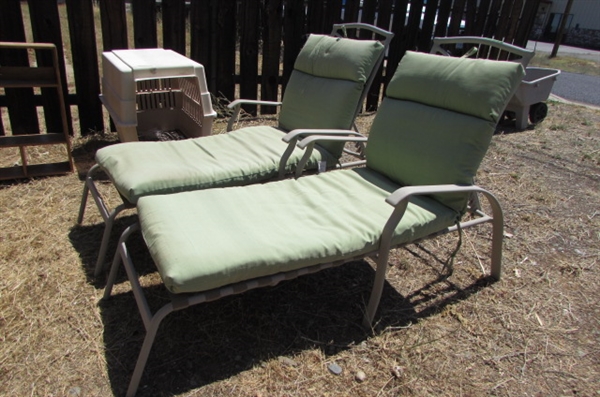 PAIR OF METAL PATIO LOUNGE CHAIRS WITH CUSHIONS *LOCATED AT THE PAYNE LANE ESTATE*
