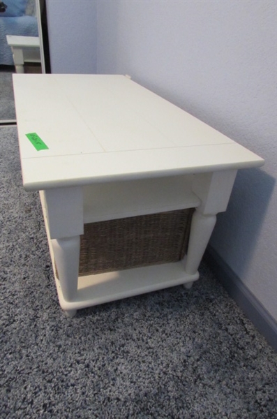 WHITE WOOD COFFEE TABLE WITH STORAGE BASKETS *LOCATED AT MONTAGUE ESTATE*