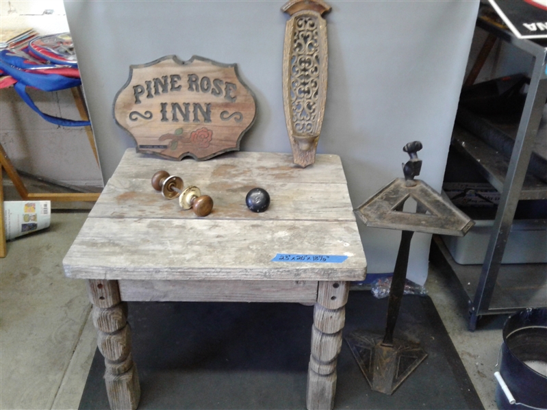 Wood Side Table, Vintage Door Knobs, Sign, and more