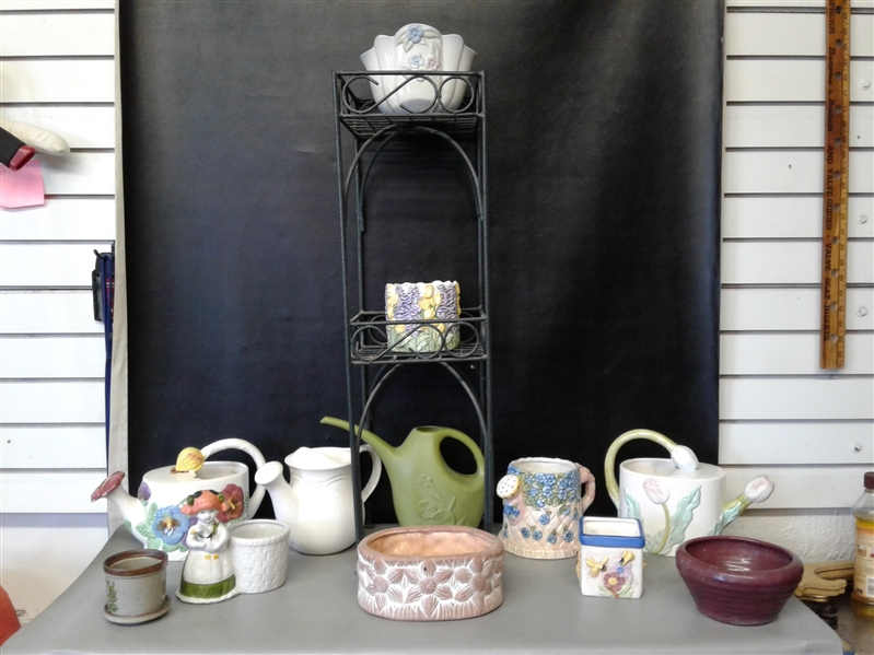 Metal Plant Stand, Watering Can, and Various Decorative Planters