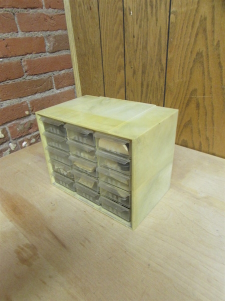 15-DRAWER ORGANIZER WITH ASSORTED CLOCK PARTS