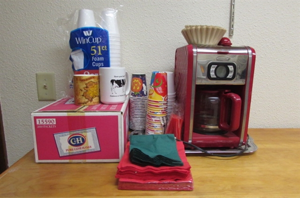 BELLA 12-CUP COFFEE MAKER, CUPS, SUGAR PACKETS & MORE