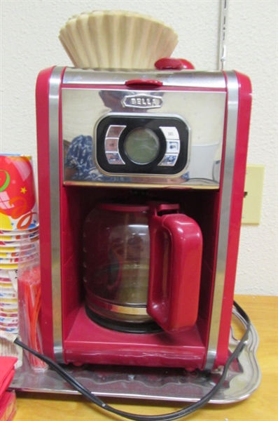 BELLA 12-CUP COFFEE MAKER, CUPS, SUGAR PACKETS & MORE