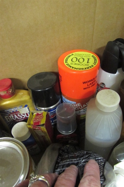 ASSORTED CLEANERS, POLISHES, VARNISH, STAIN, GLUE & MORE