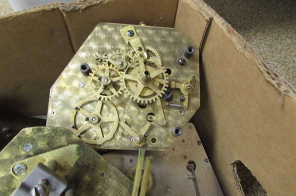 ASSORTED CLOCK MOVEMENTS, WEIGHTS & OTHER CLOCK PARTS