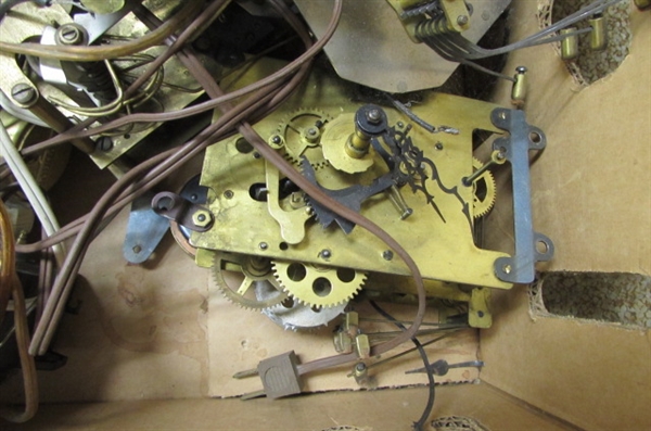 ASSORTED CLOCK MOVEMENTS, WEIGHTS & OTHER CLOCK PARTS