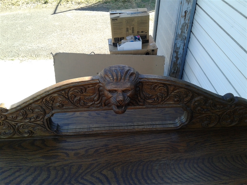 Antique Carved Oak Curio Cabinet with Lion Head