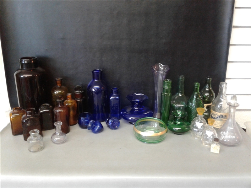 Unique Brown, Green, Purple, Blue, and White Glass Bottles Lot