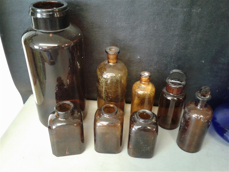 Unique Brown, Green, Purple, Blue, and White Glass Bottles Lot