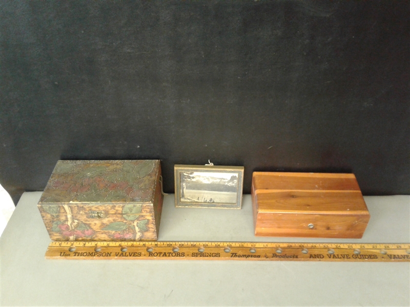 Lane Cedar Chest, Pyrographic Outfit Box and Framed Black and White Landscape