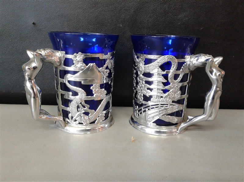 Pair of Tankards with Cobalt Glass Inserts