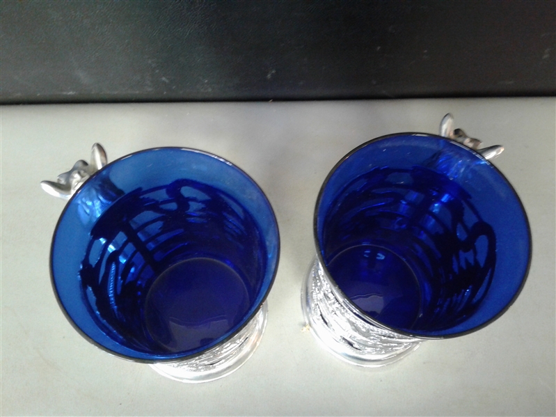Pair of Tankards with Cobalt Glass Inserts