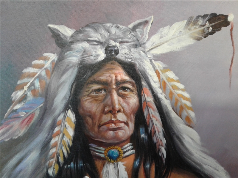 Framed Original Indian/Wolf Oil Painting 22x28