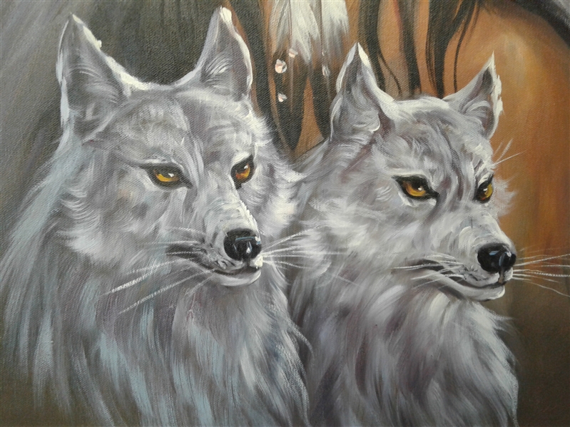 Framed Original Indian/Wolf Oil Painting 22x28
