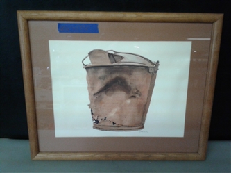 Framed and Matted Rusty Bucket Watercolor Art