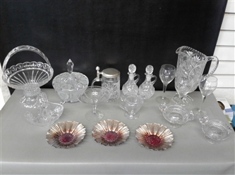 Various Crystal Dishes- Creamer, Sugar, Handled Bowls etc