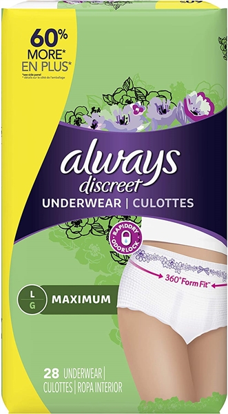 Always Discreet, Incontinence & Postpartum Underwear for Women Large, 28 Count