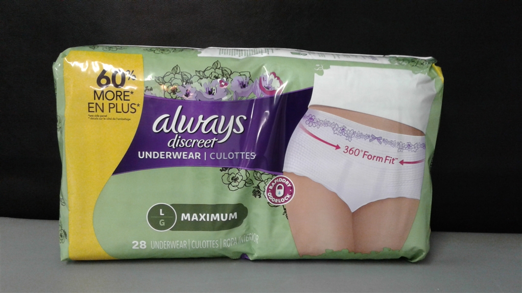 Always Discreet, Incontinence & Postpartum Underwear for Women Large, 28 Count