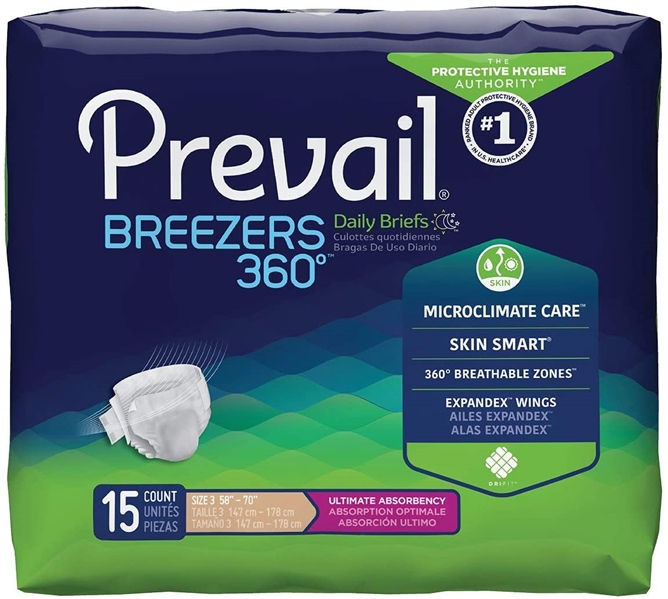 2- Packs Incontinent Brief Prevail Breezers360 Tab Closure Size 3 Disposable Heavy Absorbency